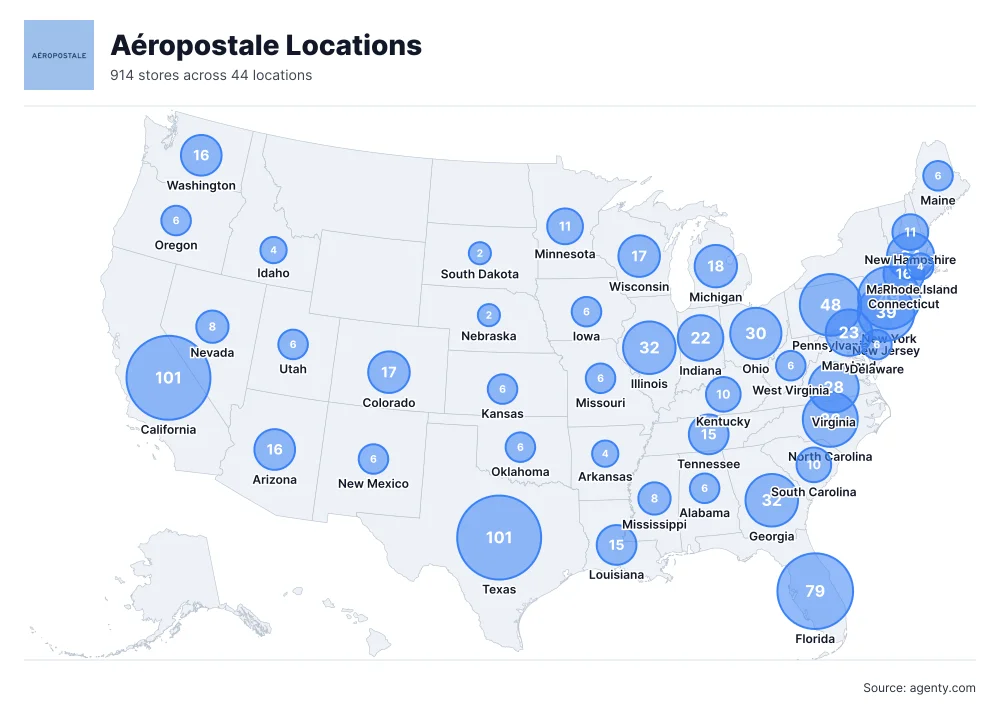 Aéropostale Locations by State/Region