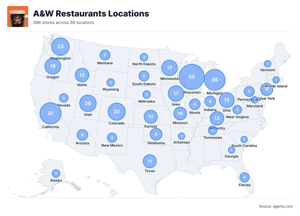 A&W Restaurants Locations by State