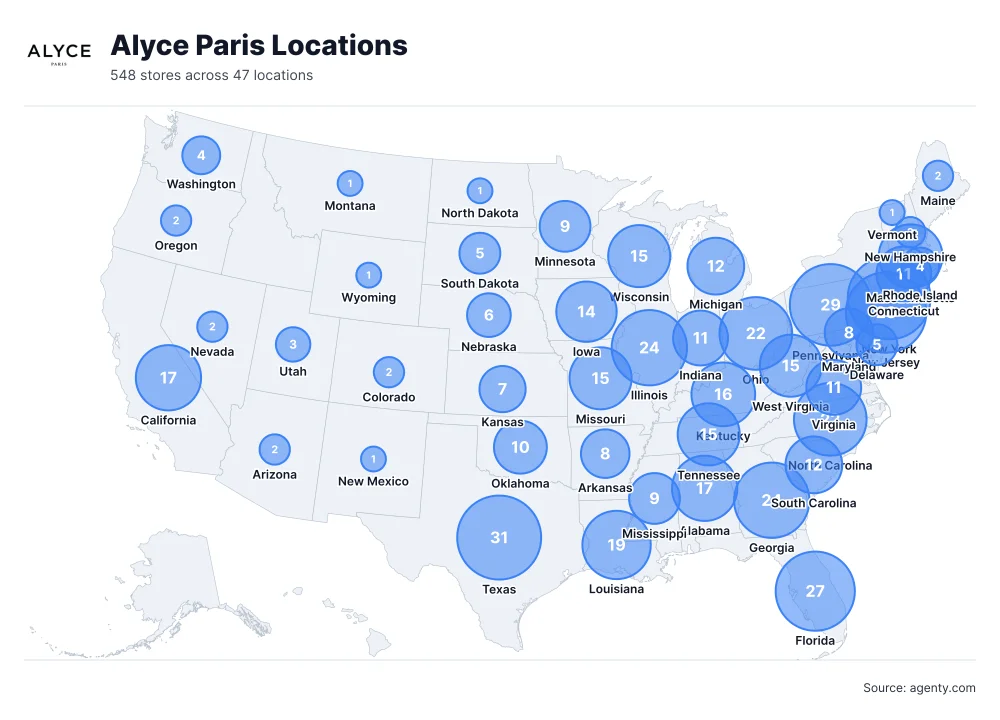 Alyce Paris Locations by State/Region