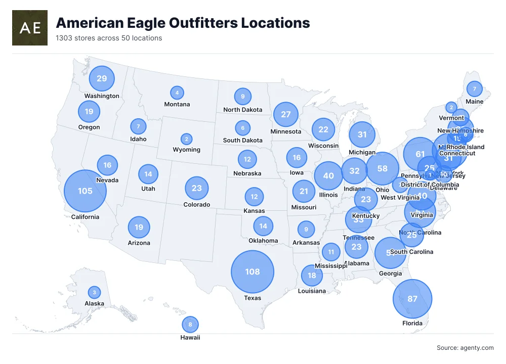 American Eagle Outfitters Locations by State/Region