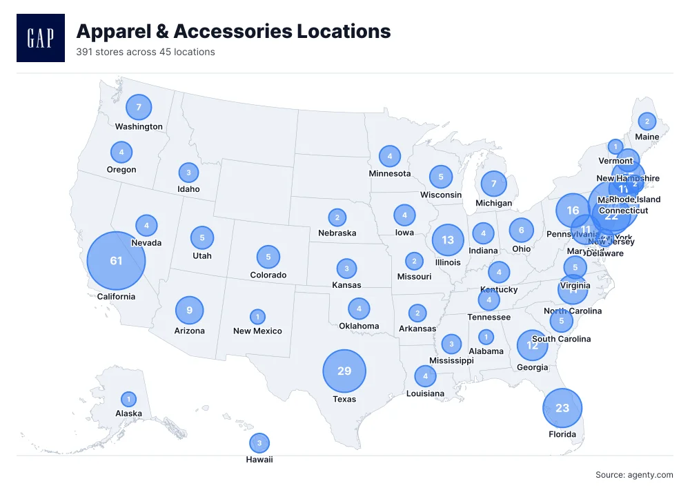 Apparel & Accessories Locations by State/Region