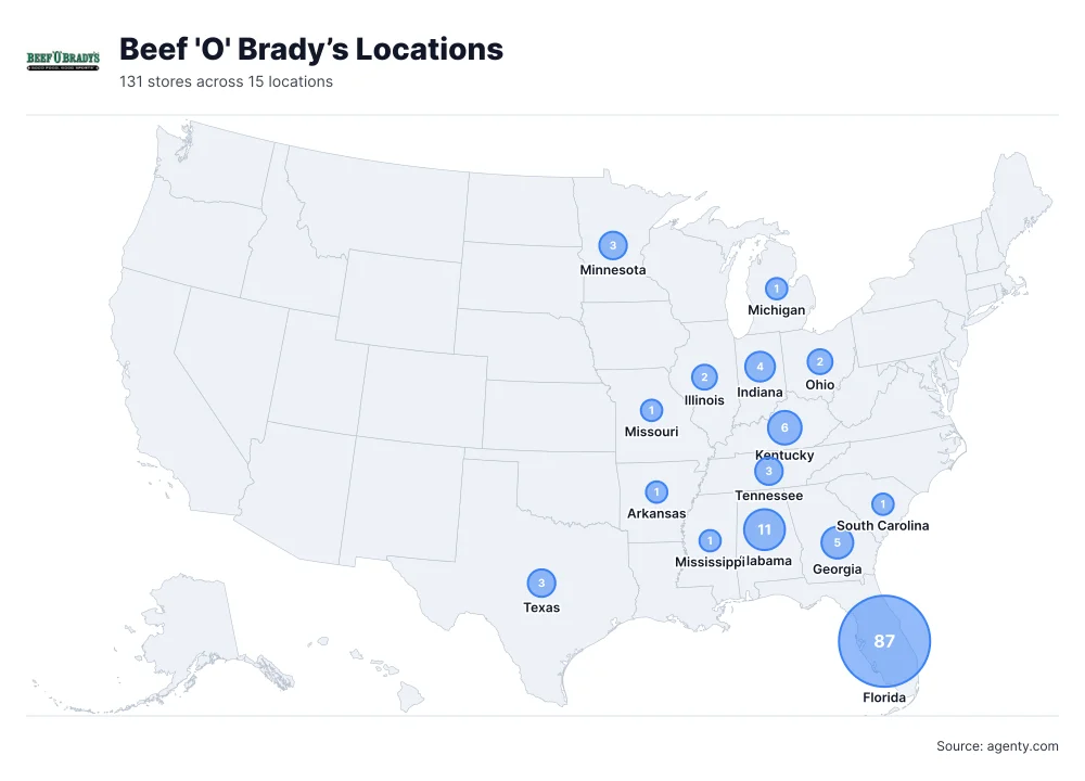 Beef 'O' Brady’s Locations by State/Region