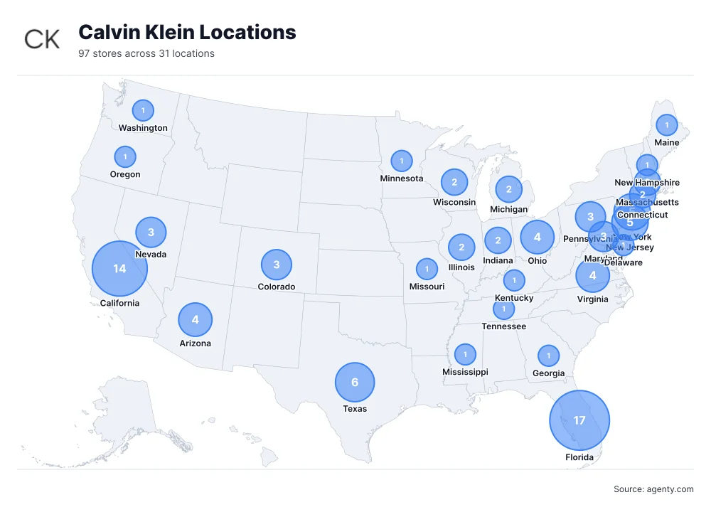 Calvin Klein Locations by State/Region
