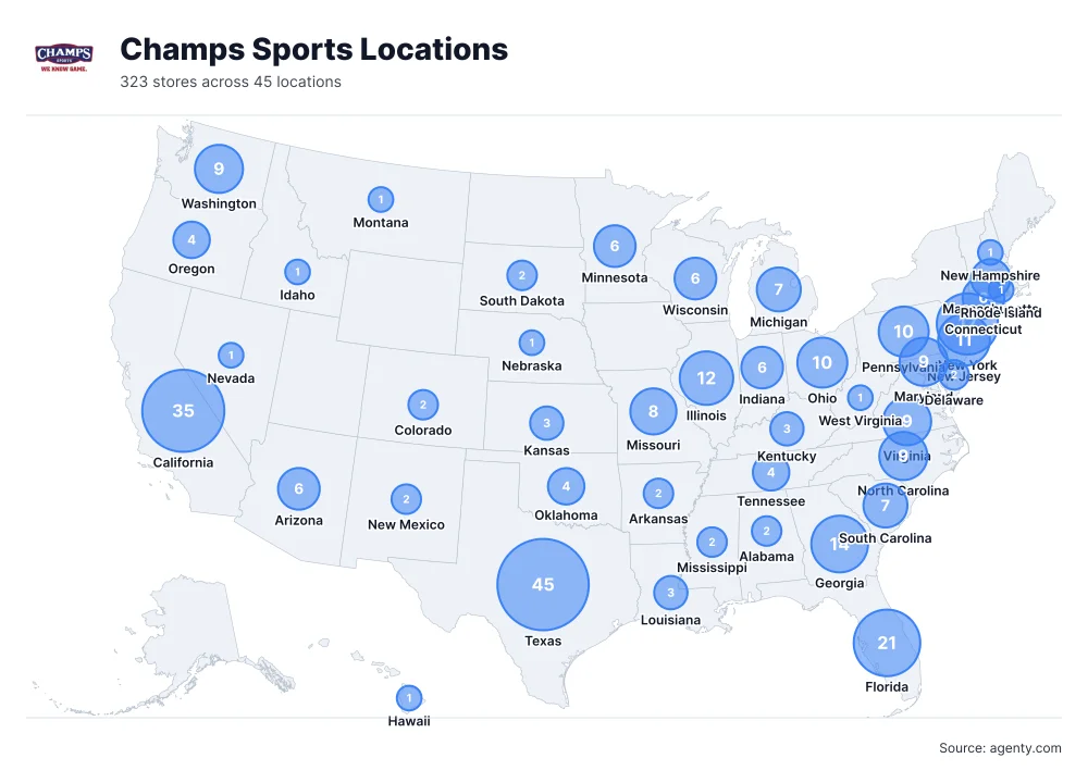 Champs Sports Locations by State/Region