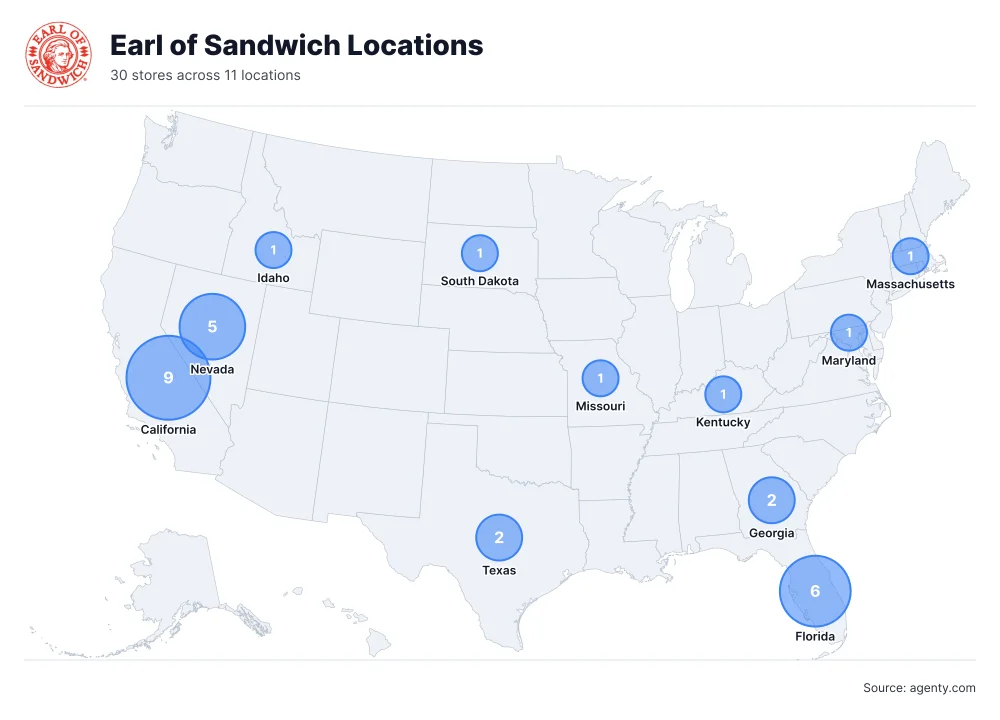 Earl of Sandwich Locations by State/Region