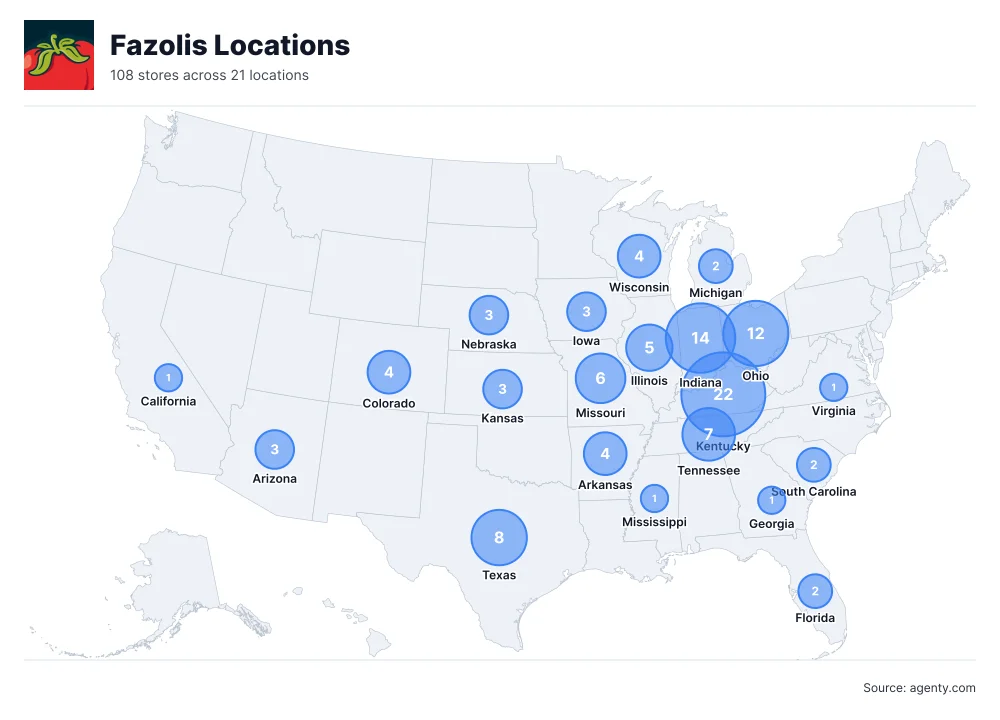 Fazolis Locations by State/Region