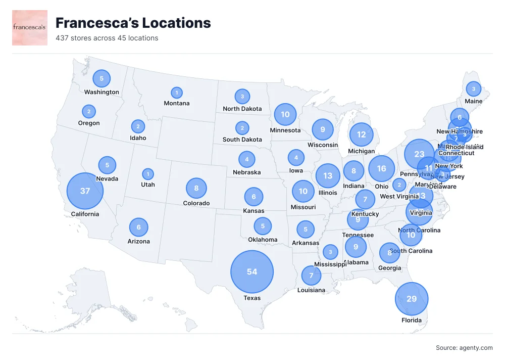 Francesca’s Locations by State/Region