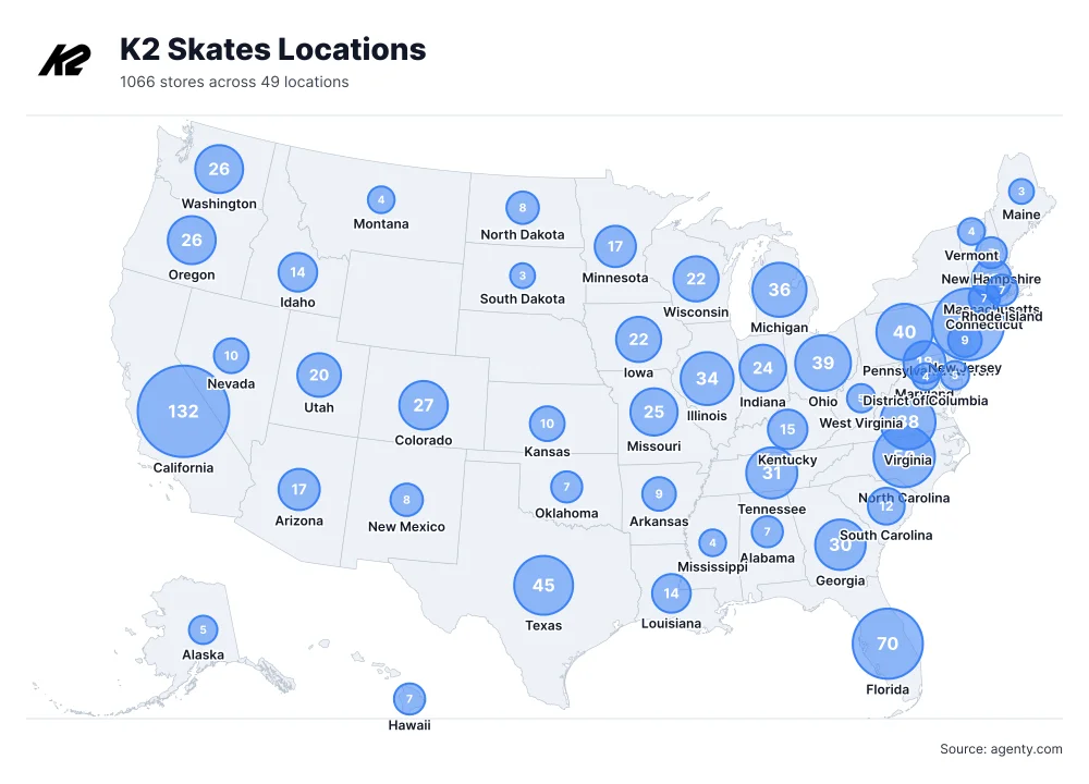 K2 Skates Locations by State/Region