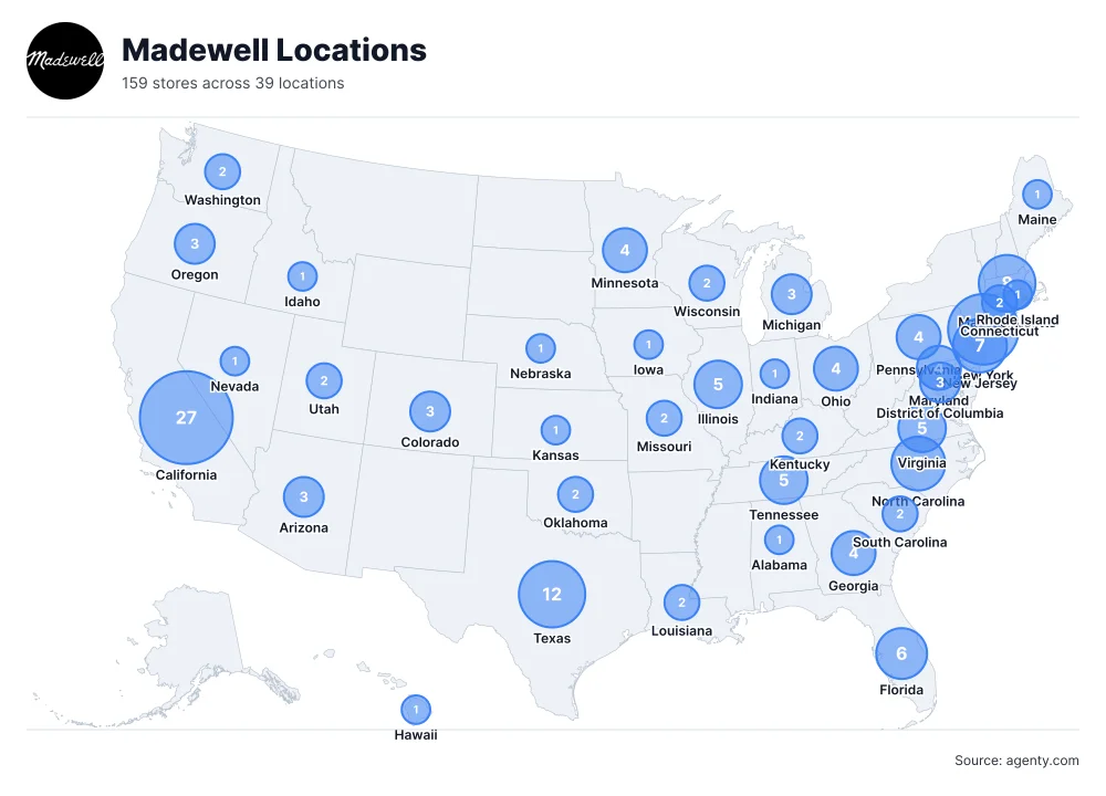 Madewell Locations by State/Region