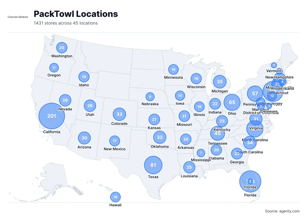 PackTowl Locations by State