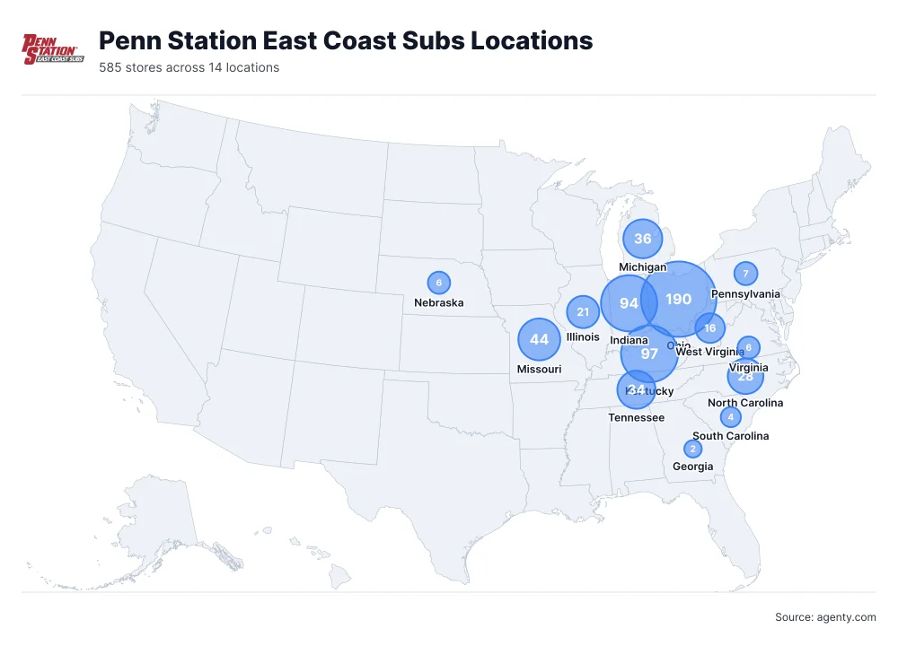Penn Station East Coast Subs Locations by State/Region