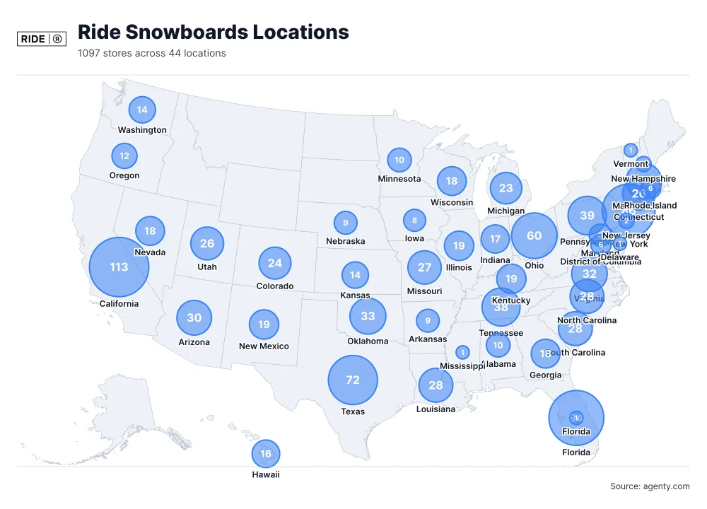 Ride Snowboards Locations by State/Region